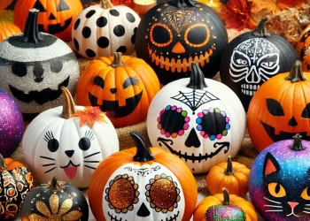 Featured image showcasing creative pumpkin painting ideas, including designs like a classic Jack-o'-lantern, polka dots, glitter glam, Day of the Dead sugar skulls, black cat, and galaxy themes, set against a festive Halloween background with autumn leaves and soft lighting