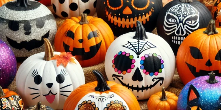 Featured image showcasing creative pumpkin painting ideas, including designs like a classic Jack-o'-lantern, polka dots, glitter glam, Day of the Dead sugar skulls, black cat, and galaxy themes, set against a festive Halloween background with autumn leaves and soft lighting